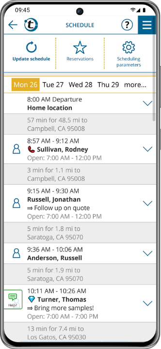 Route schedule with automatic customers suggestions ready for a visit