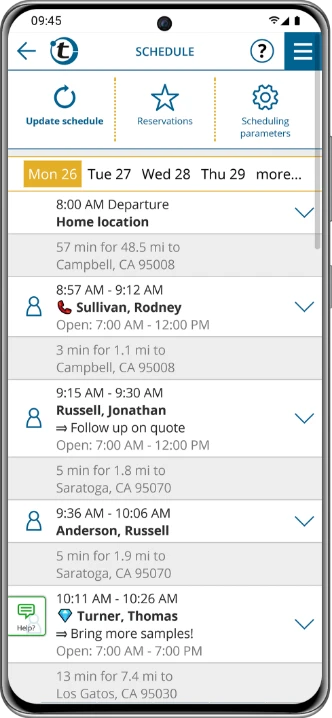 Route schedule with automatic client suggestions ready for a visit