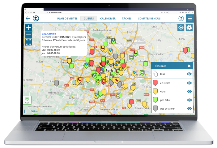 Visualisez vos clients sur la carte des priorités, afin de garder une vue d'ensemble de votre secteur.