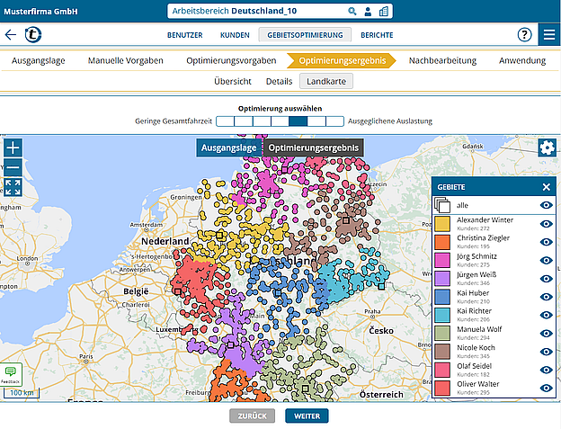 Captura de tela de um resultado de otimização de território de vendas com o portatour® Territory Optimization